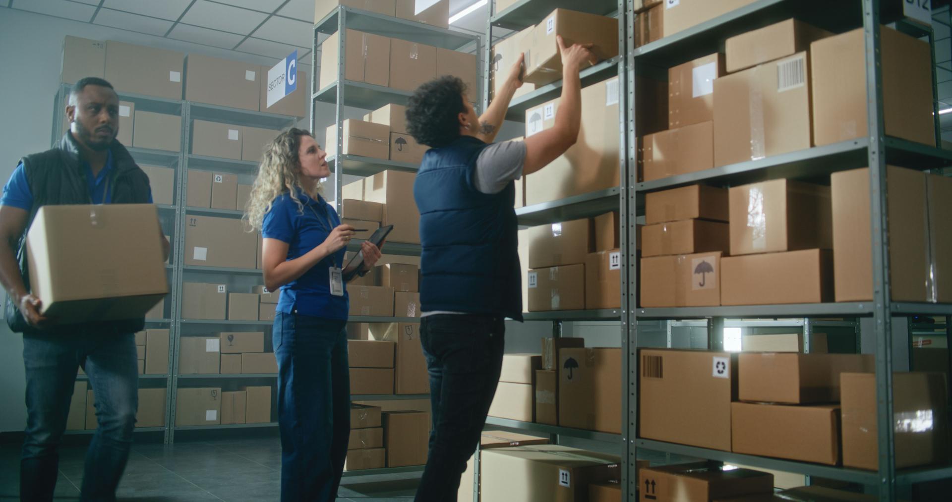 Male warehouse associate puts cardboard box on the shelf. Female inventory manager uses tablet computer